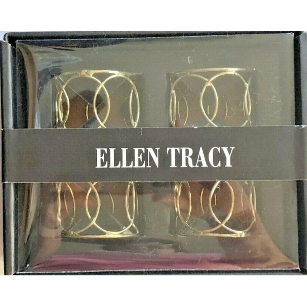 Ellen Tracy Napkin Rings Gold Circles Wire Cage Christmas Thanksgiving Set of 4